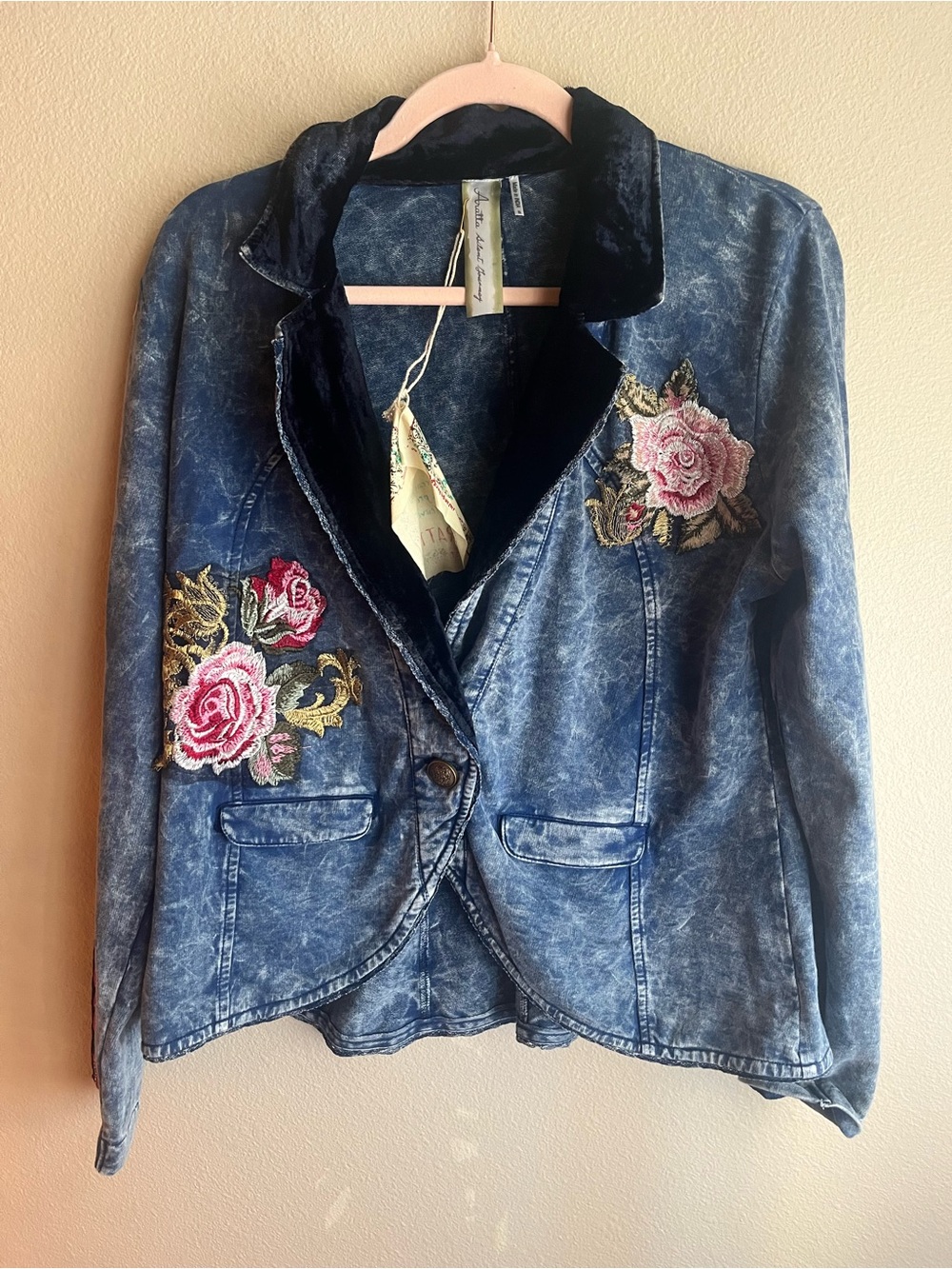 Aratta Blue Washed Denim Blazer with Pink Rose Embroidery